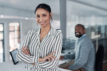 Smile, crossed arms and portrait of businesswoman in office with confidence for finance career. Happy, professional and female financial manager with pride for company revenue rate with investment.