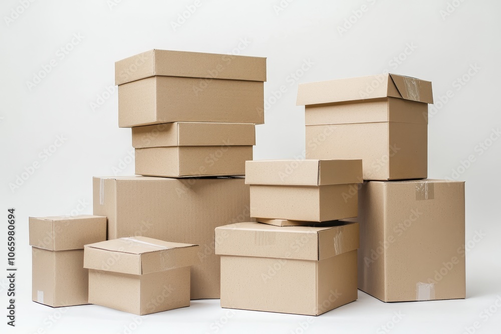 Poster stack of cardboard boxes isolated on white background for efficient shipping and storage solutions