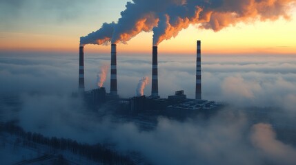 Obraz premium Three industrial chimneys spewing smoke into a foggy sunset sky.