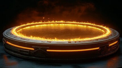 Obraz premium Fiery Ring with Glowing Flames on Metallic Platform, Representing Power, Intensity, and Futuristic Design, Generative AI