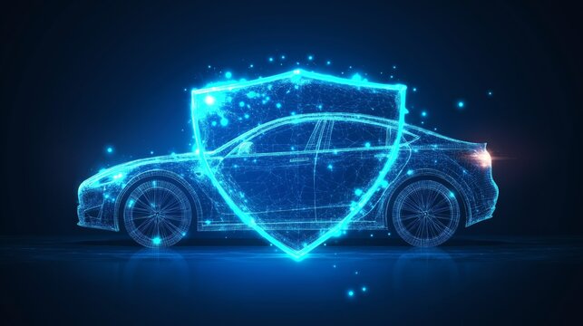 Car with Glowing Digital Shield Representing Cyber Protection, Safe Driving Technology, and Autonomous Vehicles, Generative AI