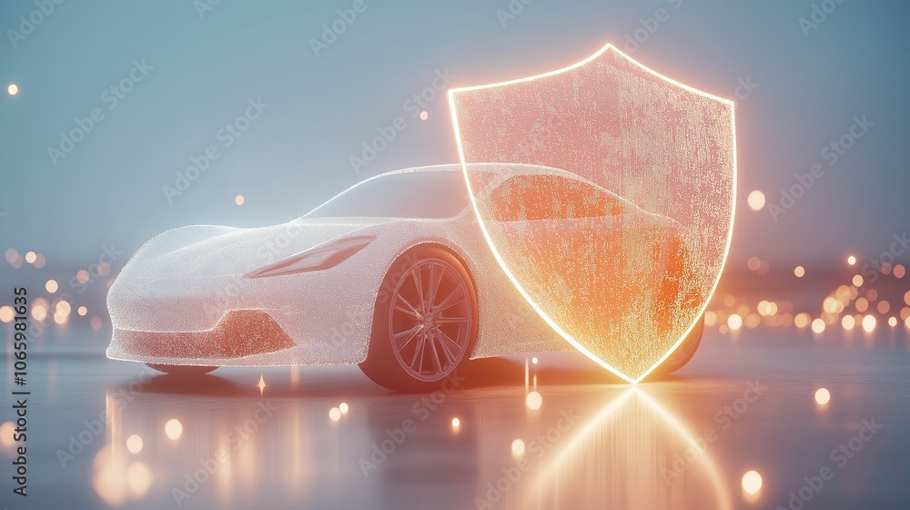 Poster digital shield protecting futuristic car symbolizing cybersecurity, advanced protection, and safe au