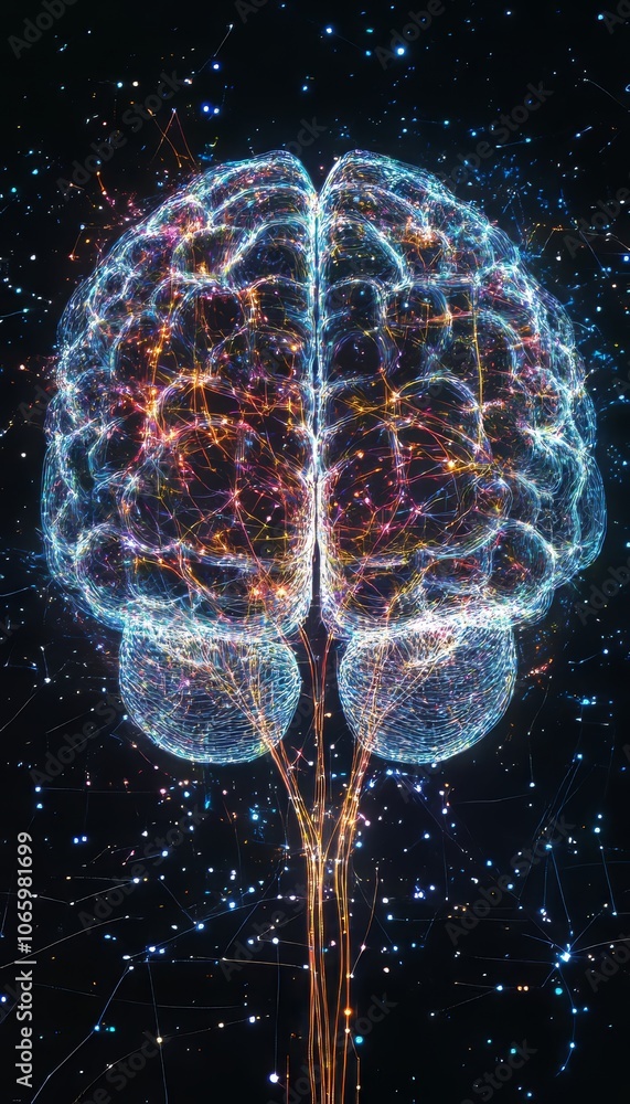 Poster exploring the fusion of biological and digital intelligence through a digital brain concept