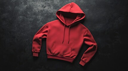 A bright red hooded sweatshirt lies flat on a dark background.