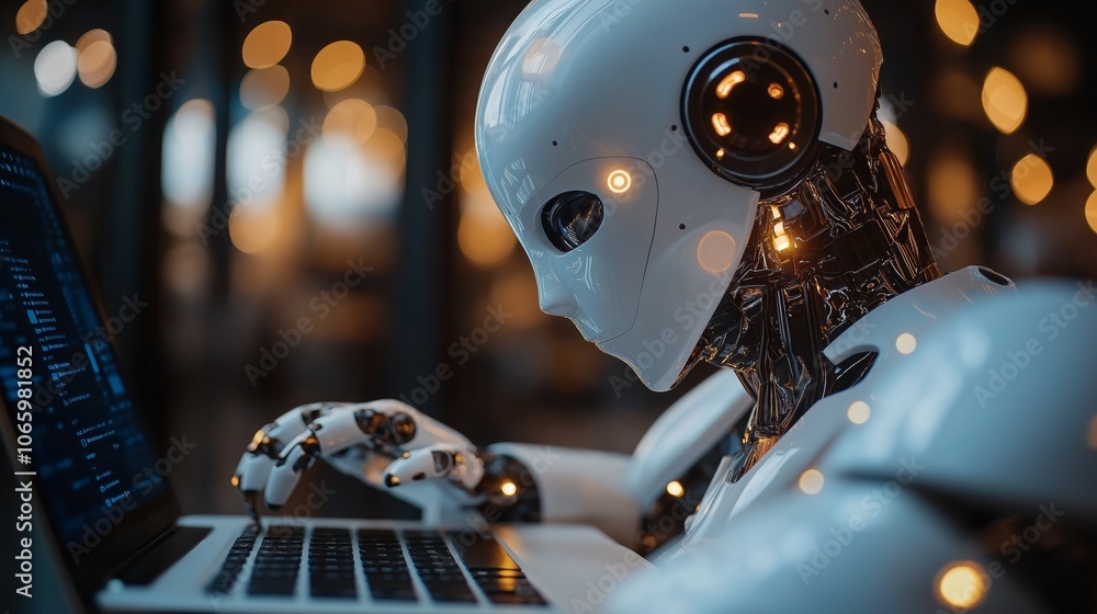 Poster Robot Typing on Laptop in Futuristic Office Representing Automation, Technology, and the Rise of AI in Workspaces, Generative AI