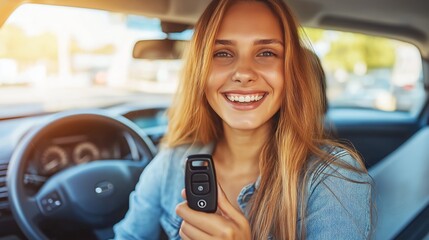 Happy Woman Holding Car Key at Dealership, Smiling for Successful Purchase and New Journey in Vehicle Ownership, Generative AI
