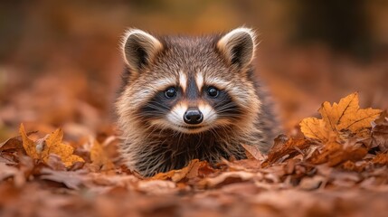 A curious raccoon with black eyes and a black mask peeks out from a pile of autumn leaves.