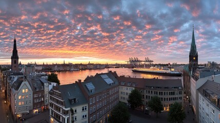 Obraz premium A large container ship is docked at the Hamburg terminal, surrounded by cargo cranes and shimmering water at sunset