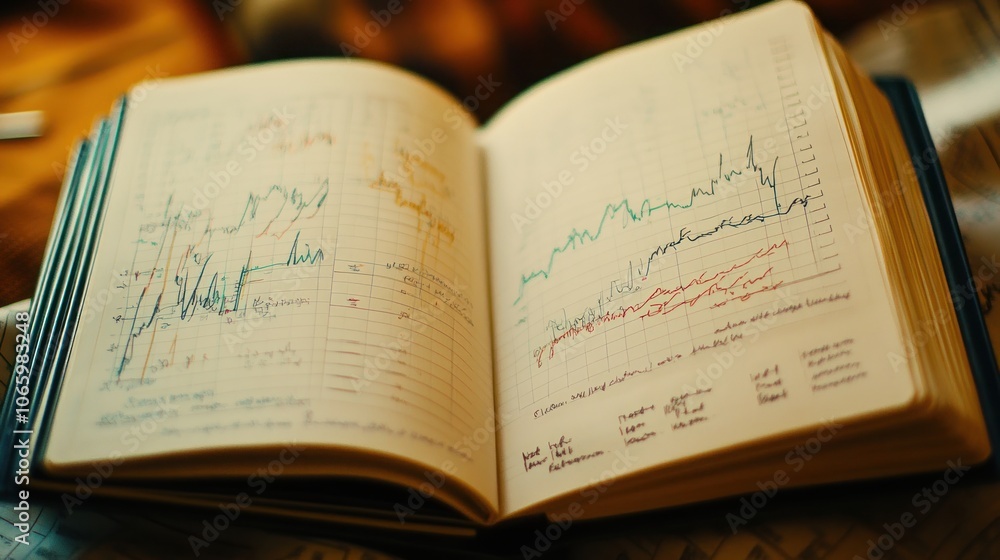 Aufkleber open notebook with colorful charts and graphs drawn on the pages.