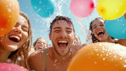 Friends enjoy a vibrant water balloon fight under a clear blue sky, laughing joyfully, AI