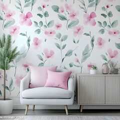 Pink Watercolor Floral Wallpaper in Living Room with White Sofa and Cabinet