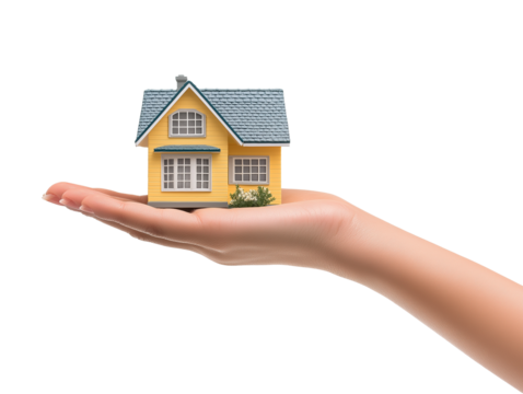 Female hand holding model of traditional cottage two story home, isolated on white transparent png background