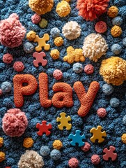 Fototapeta premium Playful Flat Lay on Blue Textile with Orange Knit 'PLAY' and Colorful Pom-Poms