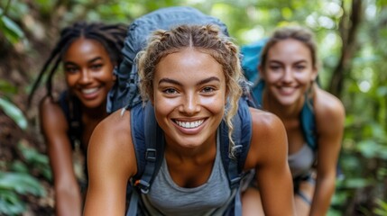 Obraz premium Three smiling young women with backpacks hike through a lush jungle.