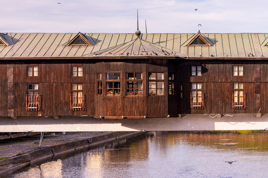 Detail of the wooden covered bridge of the famous master builder Kolyu Ficheto on the river Osam in Lovech, Bulgaria