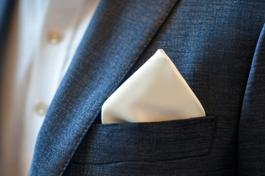 Elegant photography of a white folded pocket square in a classic suit mockup display
