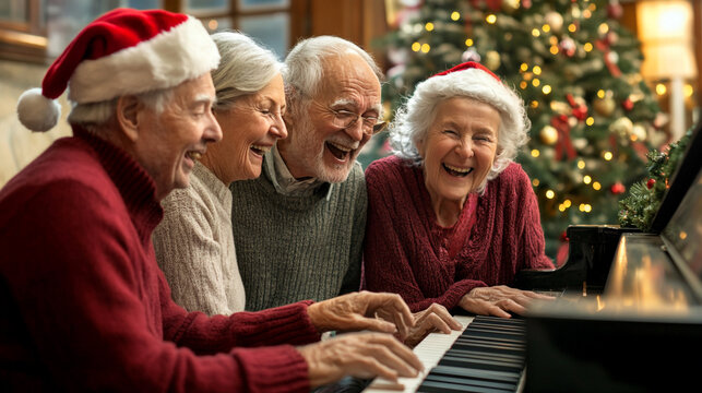 Happy Senior Friends Playing Piano During Christmas - Powered by Adobe