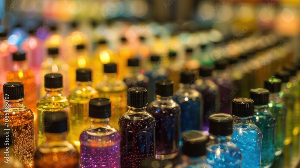 Poster defocused containers of various oils tered across a table creating a colorful mosaic of scents.