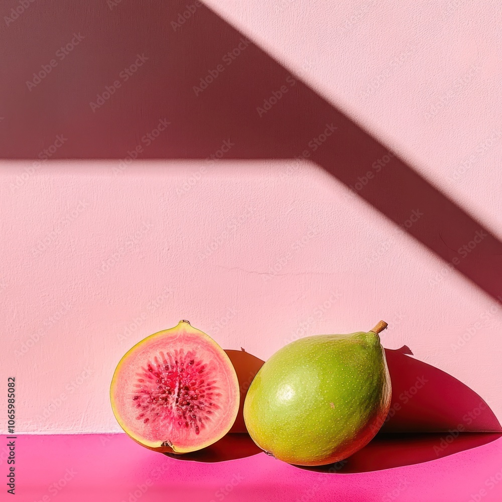 Poster a halved fig and a whole fig on a pink surface with a shadow behind it.