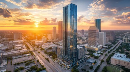 Fototapeta premium A stunning sunset over a modern city skyline with tall buildings and vibrant clouds.