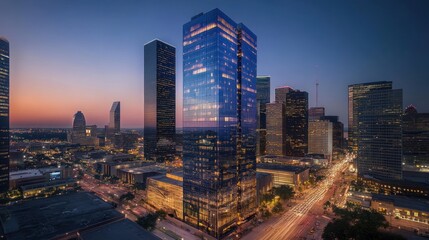 Naklejka premium A vibrant city skyline at dusk, showcasing modern architecture and urban life.
