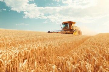 Obraz premium Combine harvester in golden wheat field under bright sky, symbolizing agricultural productivity