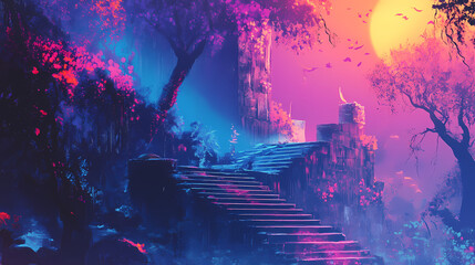 Fototapeta premium Retro surreal psychedelic dreamscape virtual garden realm background. Dreamscape. Illustration