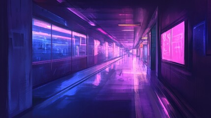 Fototapeta premium A long, empty hallway with neon lights reflecting on the wet floor, creating a vibrant, futuristic atmosphere.