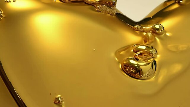 A gold colored liquid with bubbles on top. The bubbles are small and scattered throughout the liquid. The liquid appears to be a type of oil or some other type of liquid with a shiny