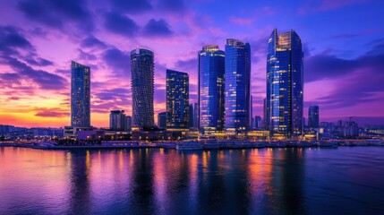 Naklejka premium A vibrant skyline at sunset with modern skyscrapers reflecting in the water.