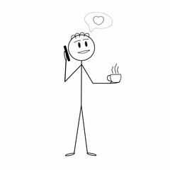 happy stick man talking on the phone, with a cup of coffee, pictogram of a human figure, emotions, flat  illustration