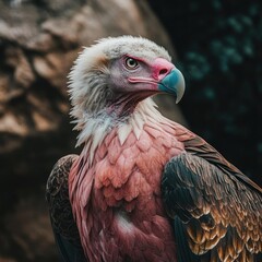 A close-up portrait of a majestic, fierce vulture with a pink and white head and blue beak, against a blurred background.
