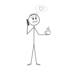 happy stick man talking on the phone, with a cup of coffee, pictogram of a human figure, emotions, flat vector illustration