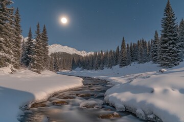 Fototapeta premium Beautiful winter landscape with a full moon and starry sky in the mountain forest at night The winter background features snow-covered pine trees and a stream flowing through a snow Generative AI