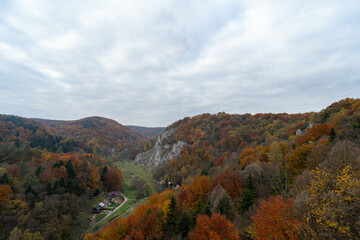 Autumn in a mountain valley with rocky cliffs and forest