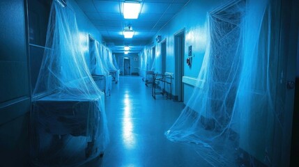 A dimly lit hospital corridor adorned with cobwebs, creating a spooky atmosphere.