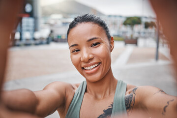 Runner, portrait and woman in city with selfie for social media post, health or profile picture in town. Tattoo, face or girl athlete outside for training, fitness workout or exercise break in Mexico