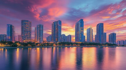 Fototapeta premium A vibrant city skyline at sunset reflecting on water, showcasing modern architecture and tranquility.