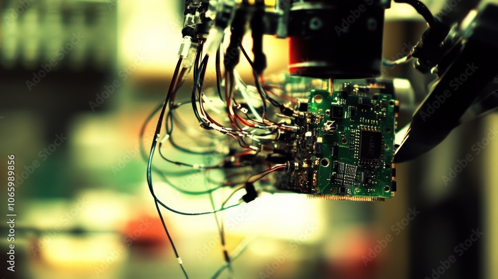 Poster a close-up of a robotic arm with a circuit board and wires.