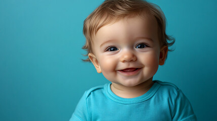 Naklejka premium Happy blonde toddler with bright blue eyes beams with joy against a vibrant turquoise backdrop, exuding innocence and happiness