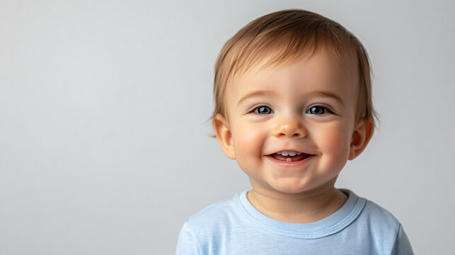 Cute baby boy in a blue t-shirt smiles joyfully, revealing his new teeth