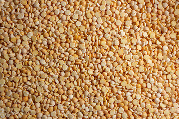 Fototapeta premium Uncooked Polished Split Peas Background. A Culinary Canvas of Dry Yellow Peas, Creating a Lively and Textured Background for Gourmet Cooking. Scattered Raw Polished Peas. Healthy Eating Ingredients