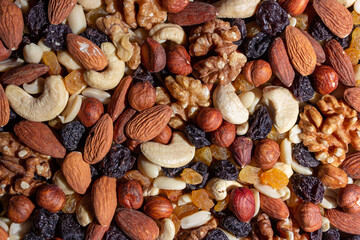 Mixed Nuts: Almonds, Walnuts, Cashews, Peanuts, Hazelnuts, Dried Prunes and Raisins. Different Nut Mix. Background from Various Nuts and Dried Fruits