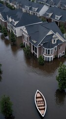 Naklejka premium Residential areas are flooded after a hurricane, with a boat navigating through submerged streets under clear skies