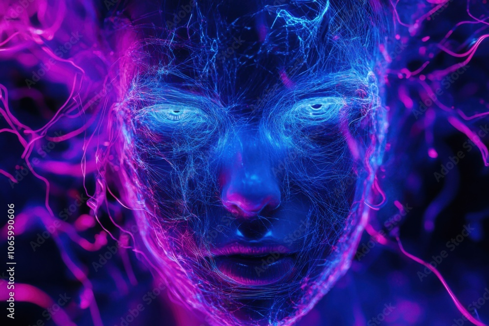 Poster an ultra-realistic portrait of an ai entity, glowing with neon blue and purple lights in the dark ba