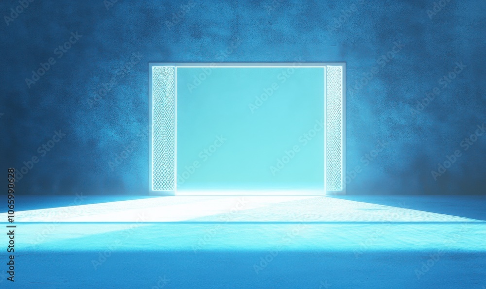 Poster A white, illuminated door is open in the center of an empty, blue room, creating a clean and minimalist backdrop that highlights its simplicity as a backdrop for creative advertising designs.