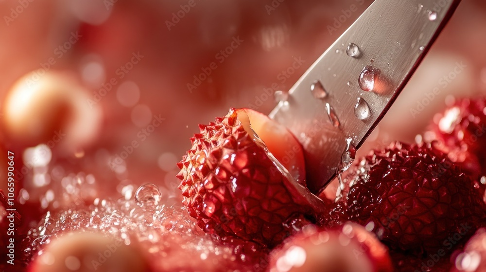 Poster a close-up image of a knife cutting a lychee, with water droplets on the blade. the lychee is surrou