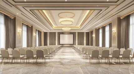 Obraz premium A large, empty conference room with rows of chairs facing a projector screen.