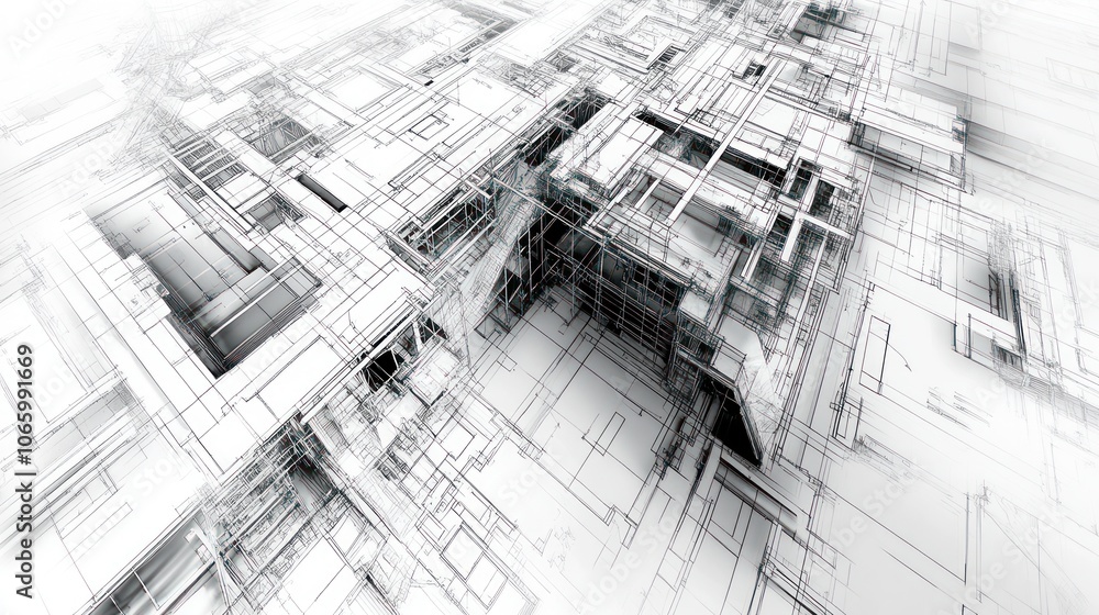 Poster abstract architectural design with intricate lines and structures.