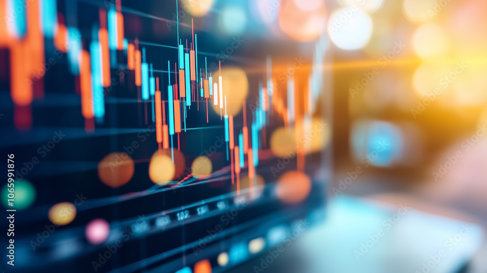 Poster an engaging stock market visualization shows rising and falling trends with colorful data points